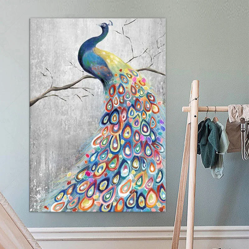 Large Canvas Wall Art Colorful Peacock Artwork Grey Background Abstract Animal  Painting on Canvas For Modern Home Decoration