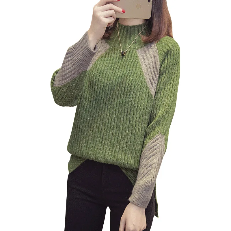 

Autumn and winter 2019 new half high collar stripe color blocking sweater women's Pullover Korean loose knit women