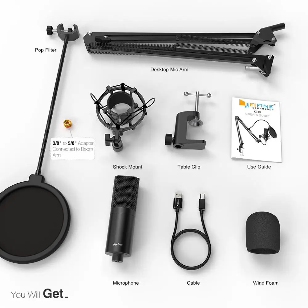  Fifine USB PC Condenser Microphone with Adjustable desktop mic arm shock mount for Studio Recording
