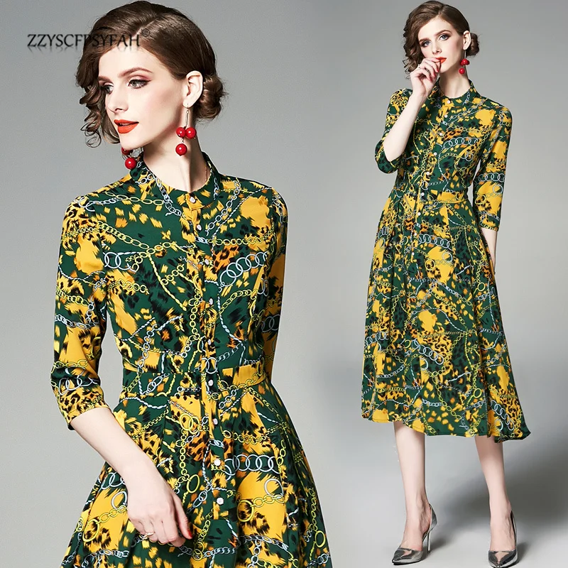 

ZT6242 Spot-shot European Station Spring Summer New Type Mid-long Received Slender A-shaped Printed Dresses