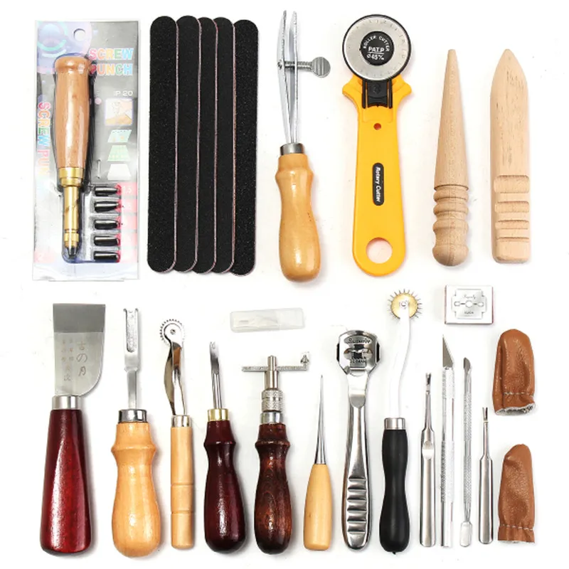 24Pcs Leather Craft Tool Kit Hand Sewing Stitching Punch Carving Work Saddle DIY Leather Craft Tool Set Leathercraft Accessories