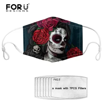 

FORUDESIGNS Sugar Skull Girls Pattern Women Mask Reusable Washable Kids Face Mouth Mask with 7 Filters tapabocas Dustproof Masks