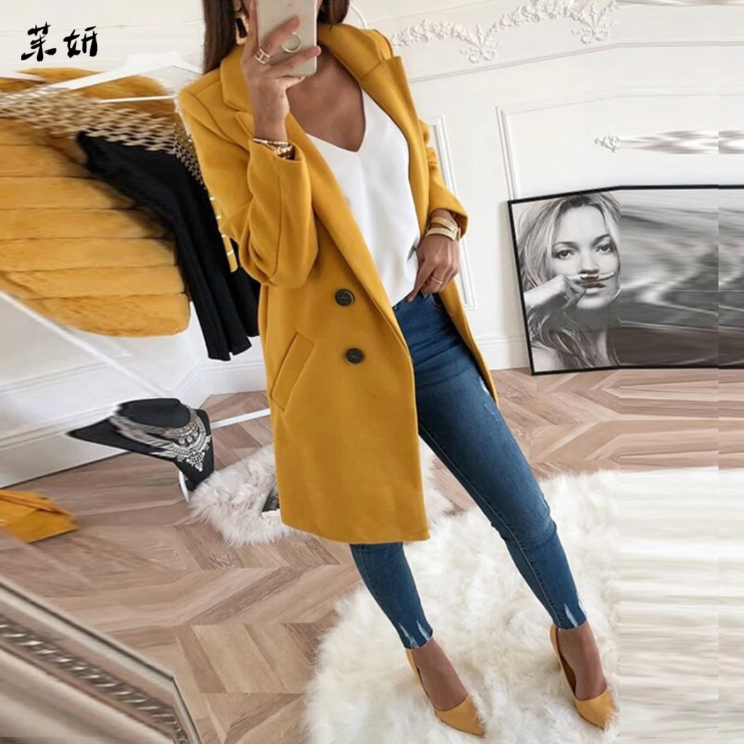 Autumn Winter Wool Blend Coat Women Lapel Long Sleeve Woolen Long Coats Elegant Ladies Pockets Solid Outwear Overcoat