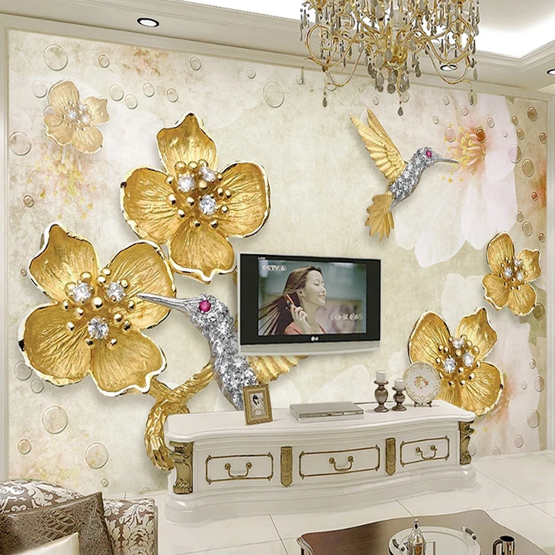 

Drop Shipping Custom Wallpaper For Walls 3D Relief Plum Flower Bird Jewelry Background Large Mural Non-woven Papel De Parede 3D