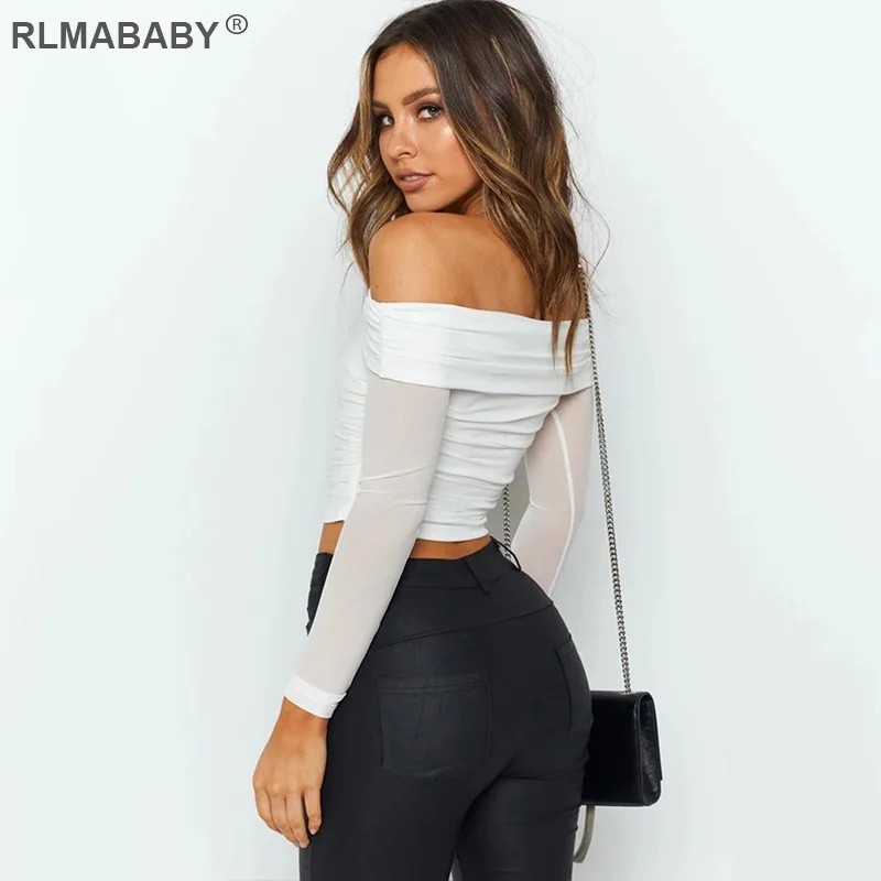 RLMABABY с открытыми плечами, с длинным рукавом, сексуальная Сетчатая футболка, топы для женщин, весна-осень, открытая спина, прозрачные женские футболки, повседневный укороченный топ