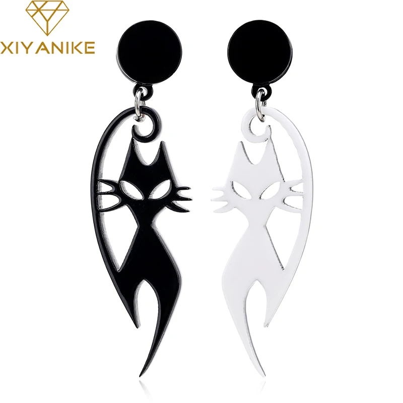 XIYANIKE 2019 Fashion Women Drop Earrings Cartoon Cute Cat For Women White Black Printing Lovely Big Funny Earrings For Women