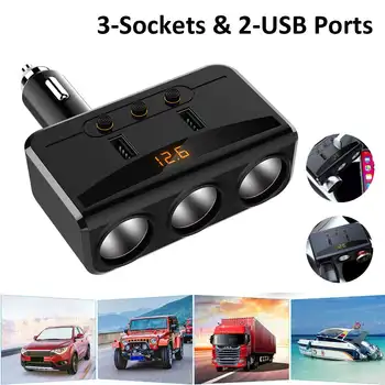 

100/80W 12-24V Wireless 3 Way LED Car Cigarette Lighter Socket Adapter Cars Charger Switch 2 USB Charger