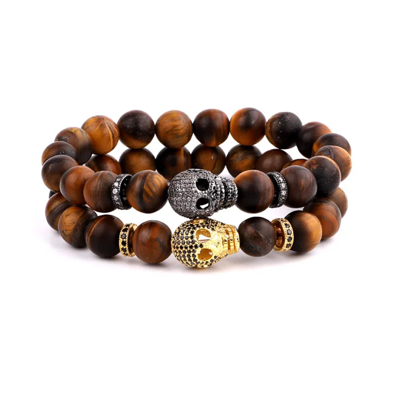 New Men Bracelet Big CZ Skull Charm Natural Stone Beads Stretch Bracelet Men Large Bracelet - Image 4