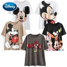 Disney Cute Mickey Mouse Cartoon Print O-Neck Pullover Short Sleeve White Chic T-Shirt Casual Fashion Women Loose Tee Tops