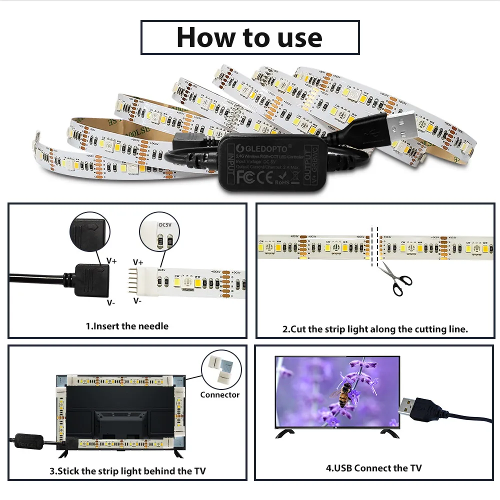 2 м ZigBee 5 В USB Светодиодная лента RGBCCT Smart Ambilight ТВ Полоса света от Alexa Echo Plus Голосовое управление Zigbee концентратор Smartthings