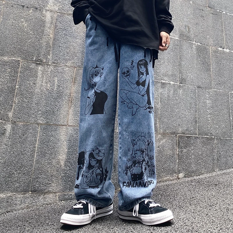 Pantalones vaqueros rectos para hombre, Jeans Vintage con estampado de  dibujos animados de Anime, Harajuku, moda Unisex, Hip Hop, holgados, de  pierna ancha, ropa de calle|Pantalones vaqueros| - AliExpress