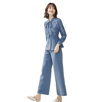 

2019 Autumn New Fashion Women's Long-sleeved Floral Chiffon Shirt Jacket + Pants Office Ladies Korean Sweet Ladies Suit