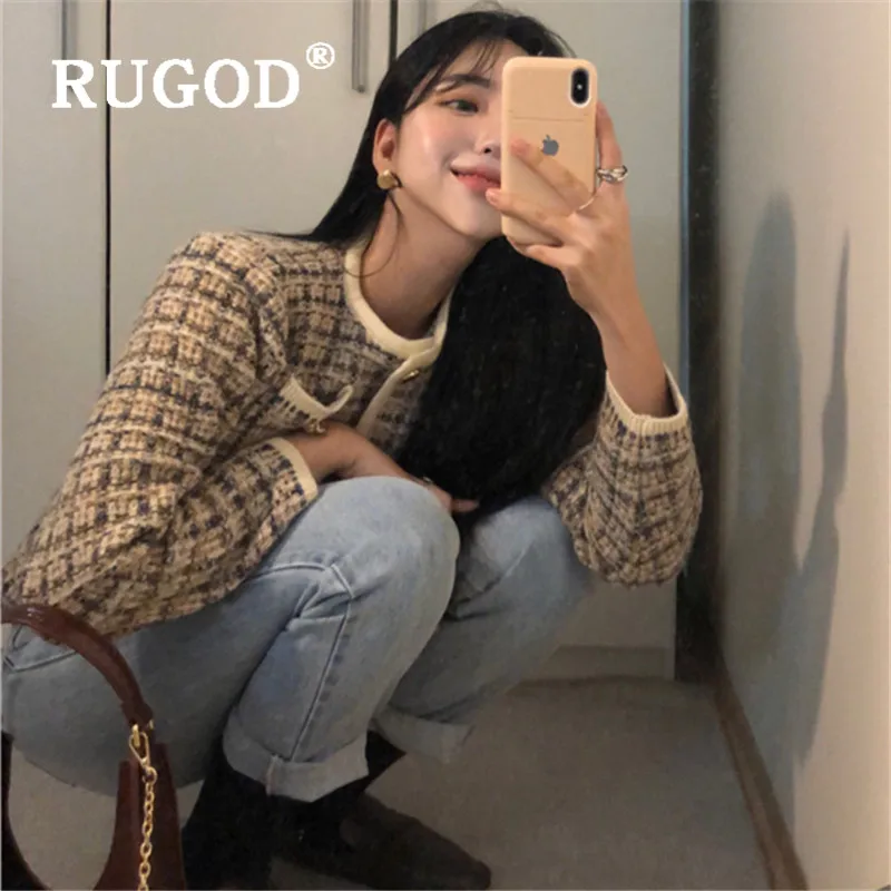 RUGOD корейский стиль Шикарный винтажный однобортный Кардиган с круглым вырезом свитер Зимние Топы для женщин Мода