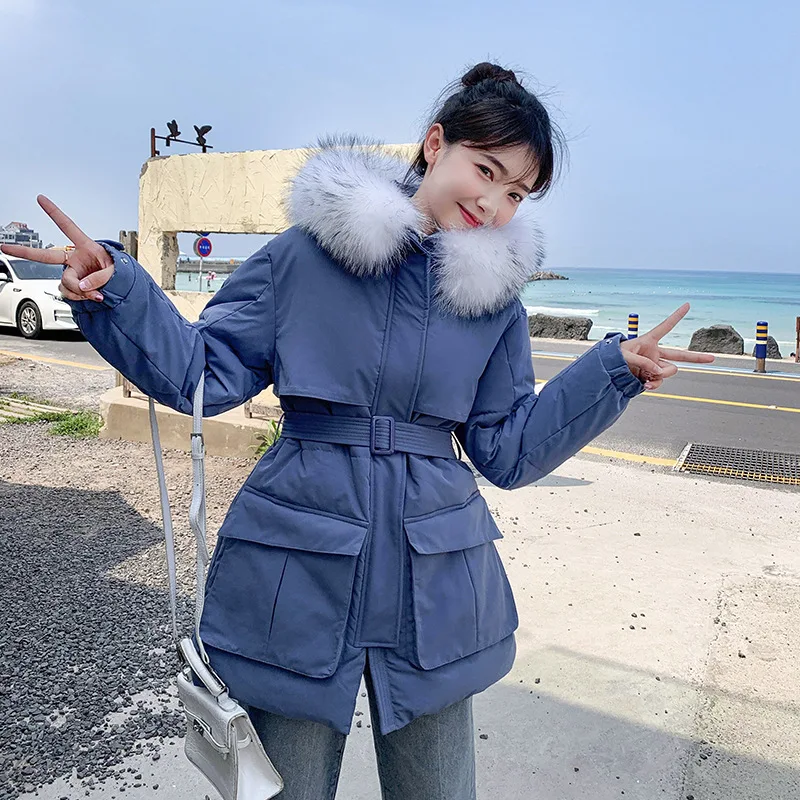 

Photo Shoot 2019 Winter New Style down Jacket Women's South Korea Dongdaemun Mid-length Waist Hugging of Belt Cotton Overcoat Fa