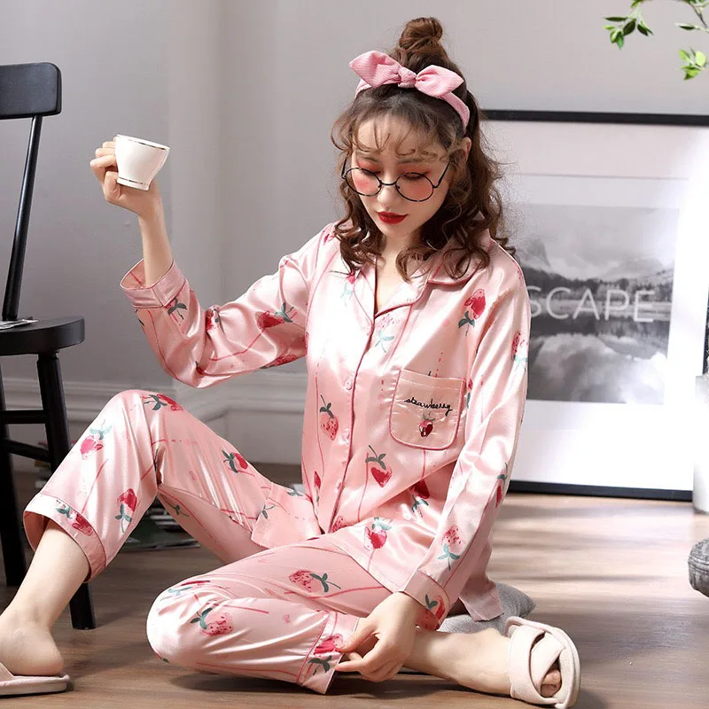 Женский пижамный комплект на осень и весну, женский длинный рукав+ штаны, 2 предмета, ночное белье, шелк, сатин, Femme, цветочный принт, повседневная одежда, домашняя одежда - Цвет: Strawberry