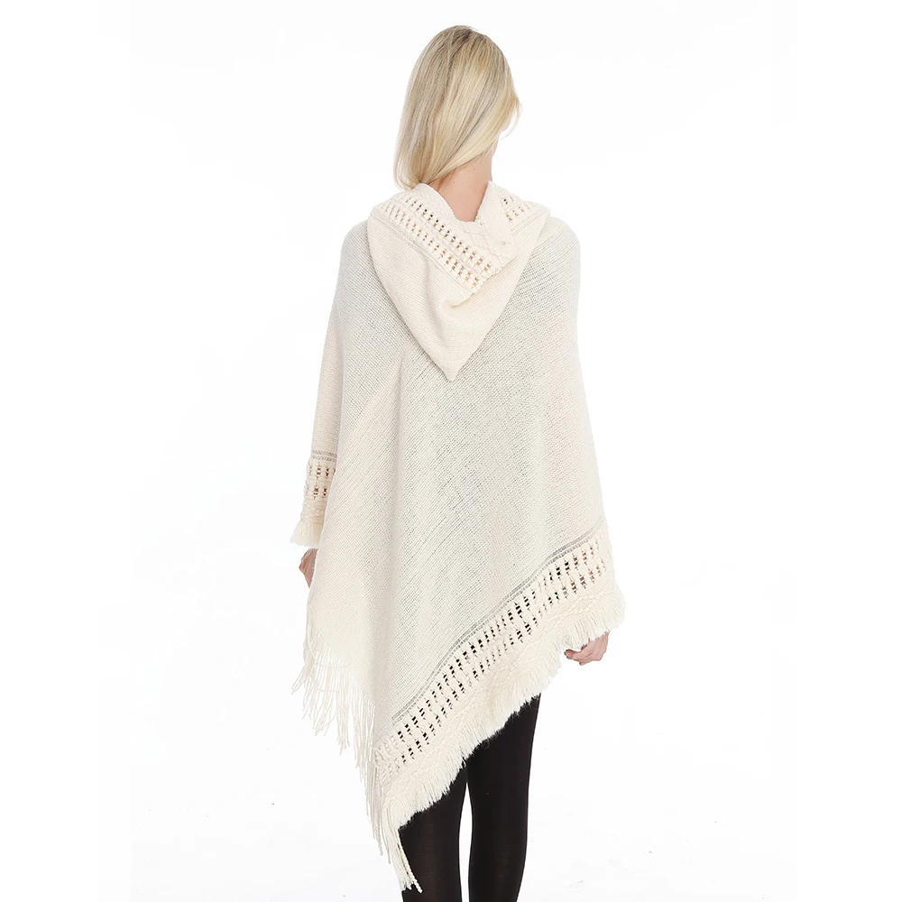 2019New Ladies Hooded Poncho Solid Color Cape With Rope Tassel Crochet Knitting Poncho For Women Pullover