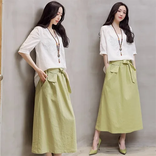 

Two-Piece Women's 2019 Summer New Style Loose-Fit Slimming Fashion Casual Two-Piece Set Chinese-style Capri Cotton Linen Skirt