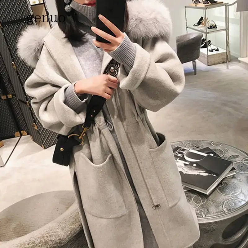 2019 Autumn Woolen Coat Winter Jacket Women Natural Fox Fur Collar Hood Cashmere Wool Blends Long Outerwear N1158