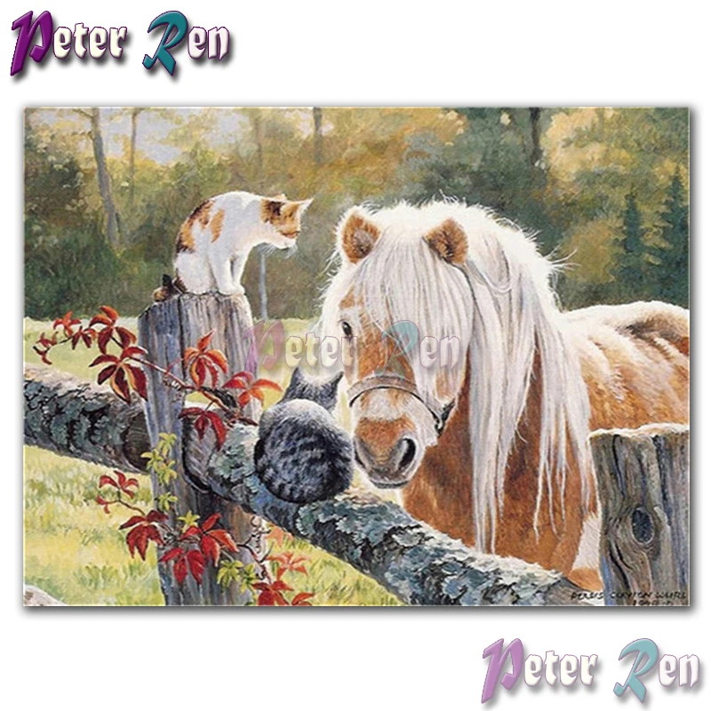 

5d animal Diamond Painting Embroidery Horse and two kittens DIY Square or round Mosaic Cross stitch Rhinestone Home Decoration