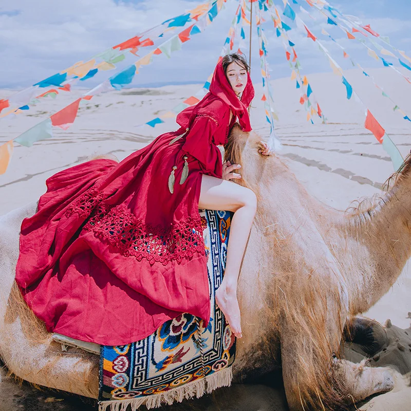 

Tibet Qinghai Lake Desert Travel Retro Big Hemline Dress Spring And Autumn Ethnic-Style Red Hoody Dress Long Sleeve