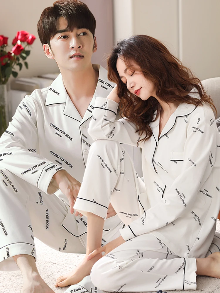 Autumn Winter Cotton Matching Couple Pajamas Men Sleepwear Women Homewear Bedroom White Letter Pyjama Homme PJ Couple Pyjama Set
