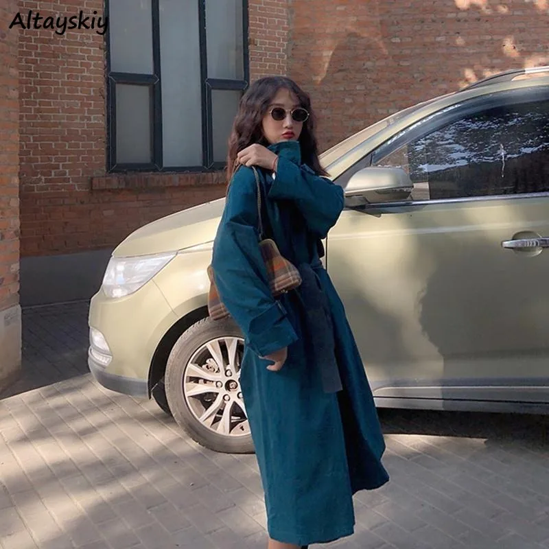 Trenca Lisa-faja azul con bolsillos para mujer, estilo coreano moderno y elegante, ropa de calle holgada Popular para estudiantes universitarios, primavera y otoño
