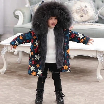 Star Grey Fur Зимние детские парки с натуральным мехом Куртка с граффити меховые куртки для мальчиков теплая одежда для девочек съемная подкладка из меха кролика - Цвет: Star Grey Fur