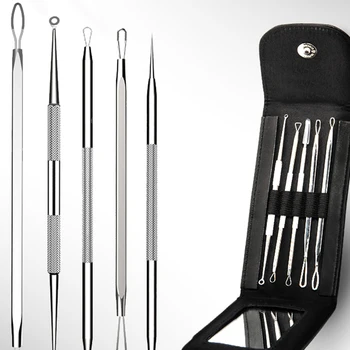 

5pcs Stainless Steel Blackhead Remover Tool For Care Facial Skin Professional Tweezer Needles Kit With Mirror Black Leather Case