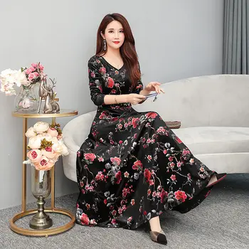 

Spring Autumn New Gold Velvet Hot Stamping High Waist Large Swing Retro Long Dress V-neck Large Size Clothing Lady Dress f2233