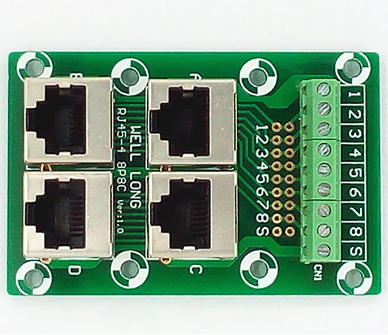 RJ45 8P8C Jack 4-Way Buss Breakout Board, клеммный блок, разъем
