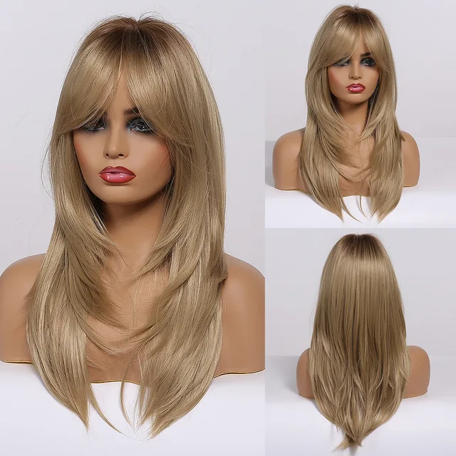 ESIN Synthetic Wig Long Brown Wigs for Women Ombre Layered Hair with Dark Roots yslc259-4
