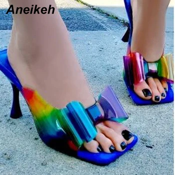 

Aneikeh Summer Slipper Woman Butterfly-knot Slippers PVC Transparent Square head Perspex Crystal High Heels Mules Ladies Slides