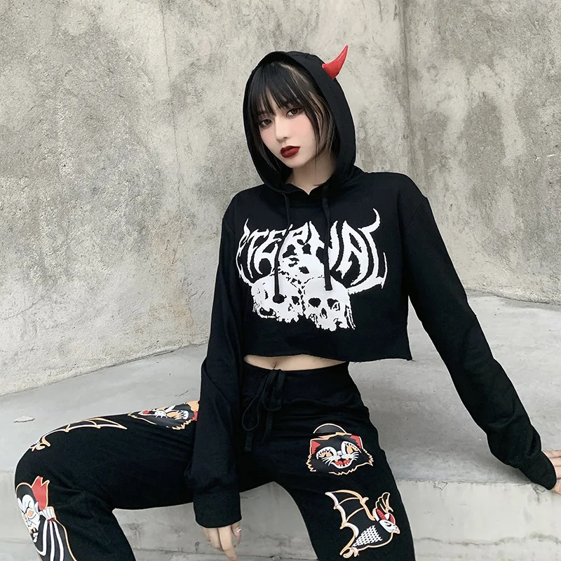 

Girls Punk Style Hoodies Female Short Sweatshirts Teenagers Skull Printing Pullovers Fashion Patchwork Tops Clothes for Women
