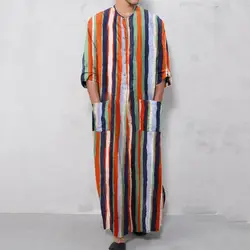 Men's Sleep Robes Gown Shirt Mens Bathrobes Long Sleeve Nightgown Striped Pocket Single-breasted O Neck Soft Long Shirt Homewear