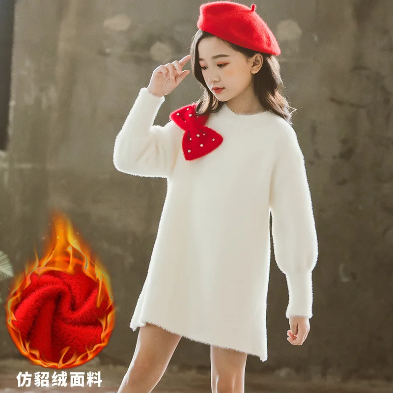 

2019 Winter New Style Big Boy Korean-style plus Velvet Sweater Girls Thick Mid-length Base Shirt Students Tops Fashion
