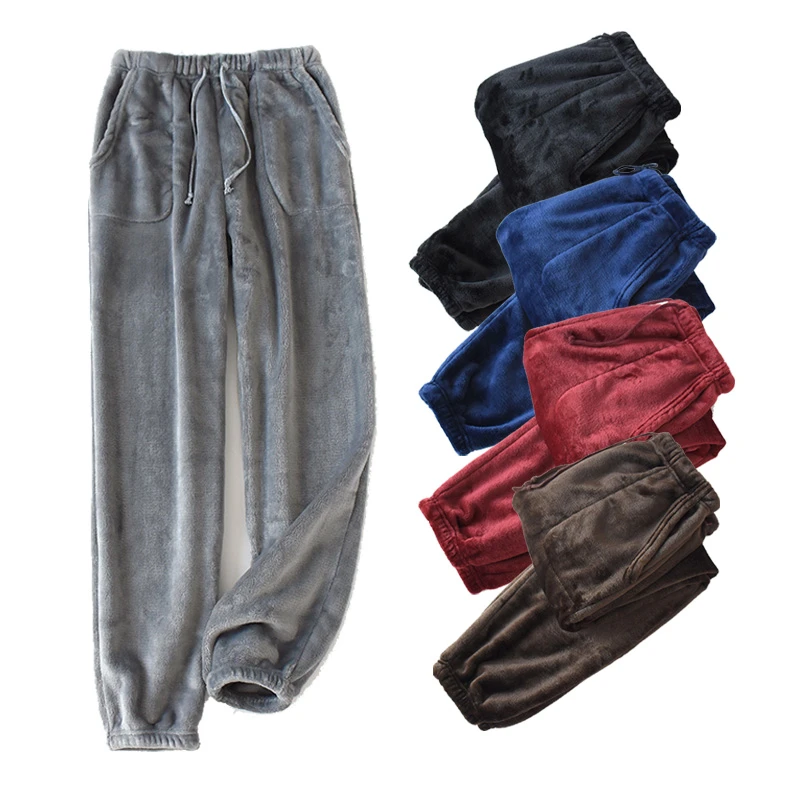 Winter Thick Plush Men's Sleep Pants Casual Pocket Pajama High Waist Loose Plus Velvet Home Pants Coral Fleece Male Sleepwear mens silk pajama set