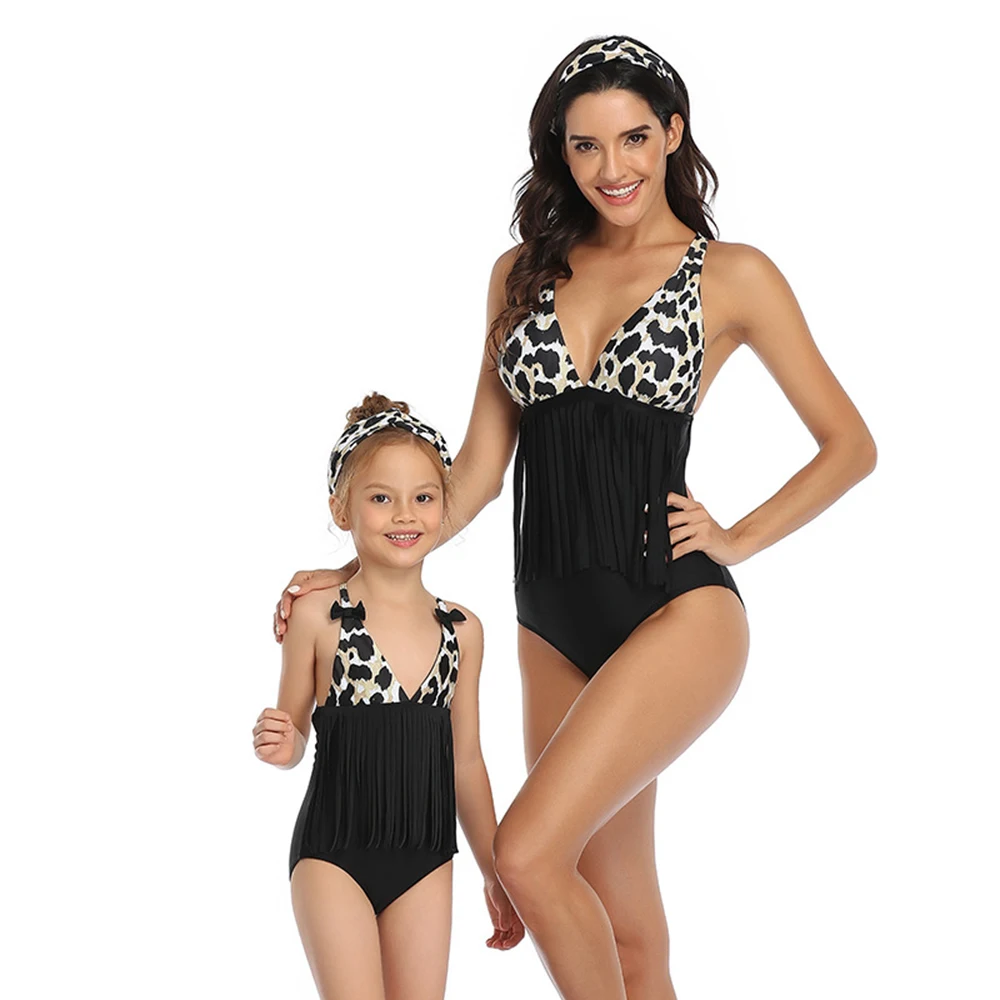 CYSINCOS/ летний купальный костюм для мамы и дочки; Семейный комплект для женщин и детей; цельный купальник-бикини с бахромой для маленьких девочек; купальный костюм - Цвет: black