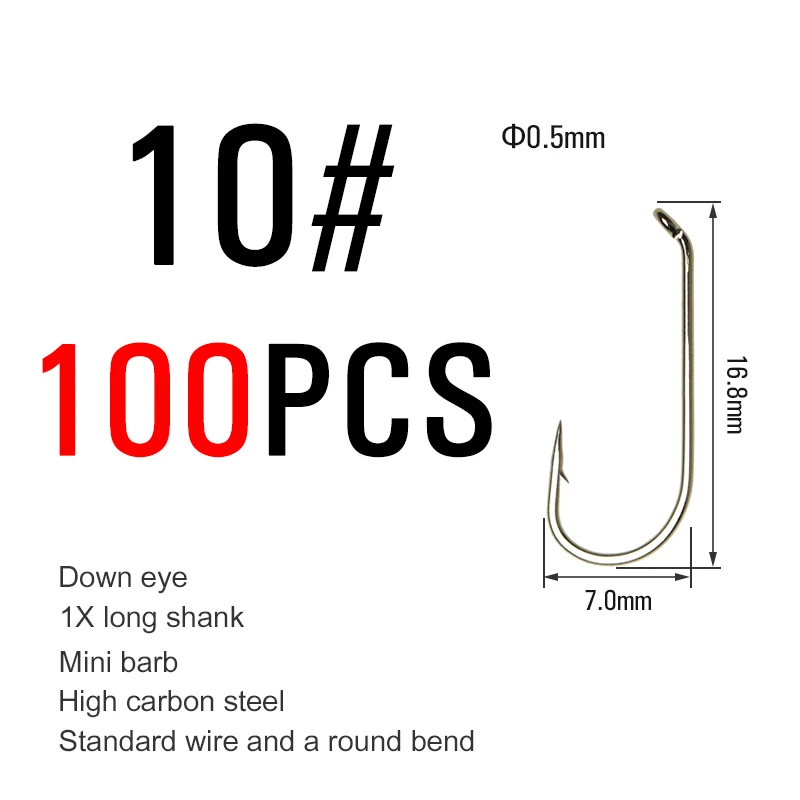 ICERIO 100PCS Nymphs Dry Wet Fly Tying Hook Down Eye 1X Long Shank Round  Bend Trout Fishing Hooks