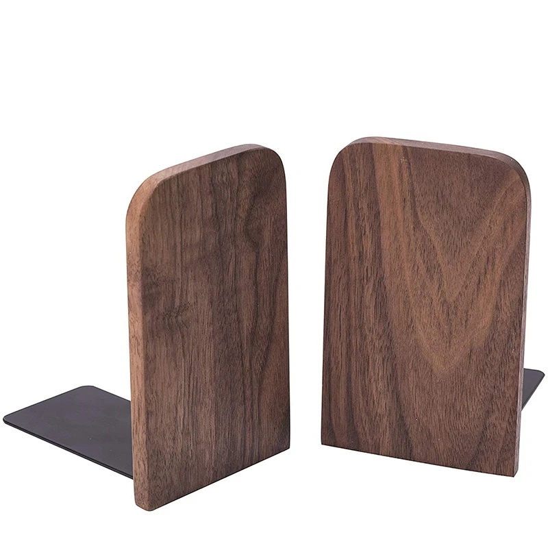 

2Pcs Wooden Bookends with Metal Base Heavy Duty Black Walnut Book Stand with Anti-Skid Dots for Office Desktop or Shelves
