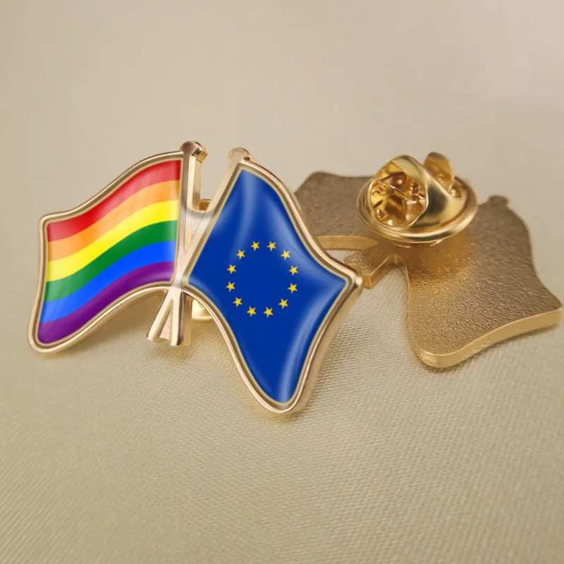 European Union and LGBT Rainbow Gay Crossed Double Friendship Flags Lapel Pins