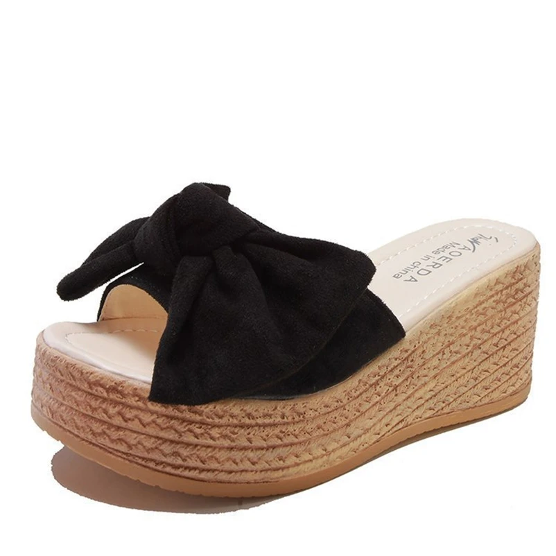 

Women Peep Toe Sandals Casual Bow Knot Cross Thick High Heel Summer Slip-On Solid Flock Fish Mouth Platform Wedges Shoes Sandles