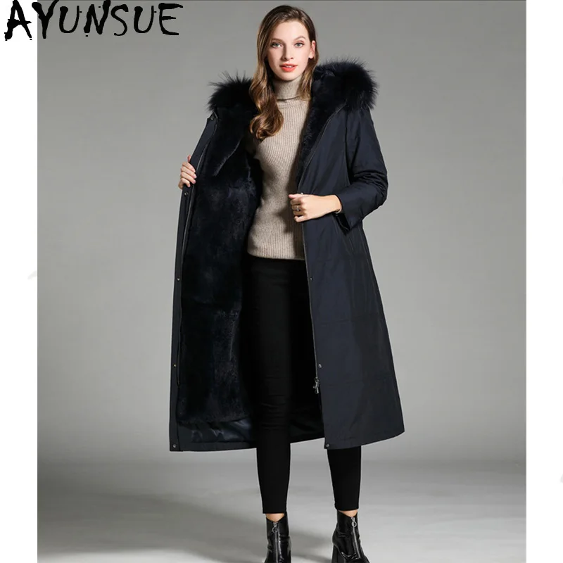 

AYUNSUE Real Fur Coat Female Natural Rabbit Fur Liner Parka Winter Jacket Women Raccoon Fur Collar Korean Long Jackets MY3885