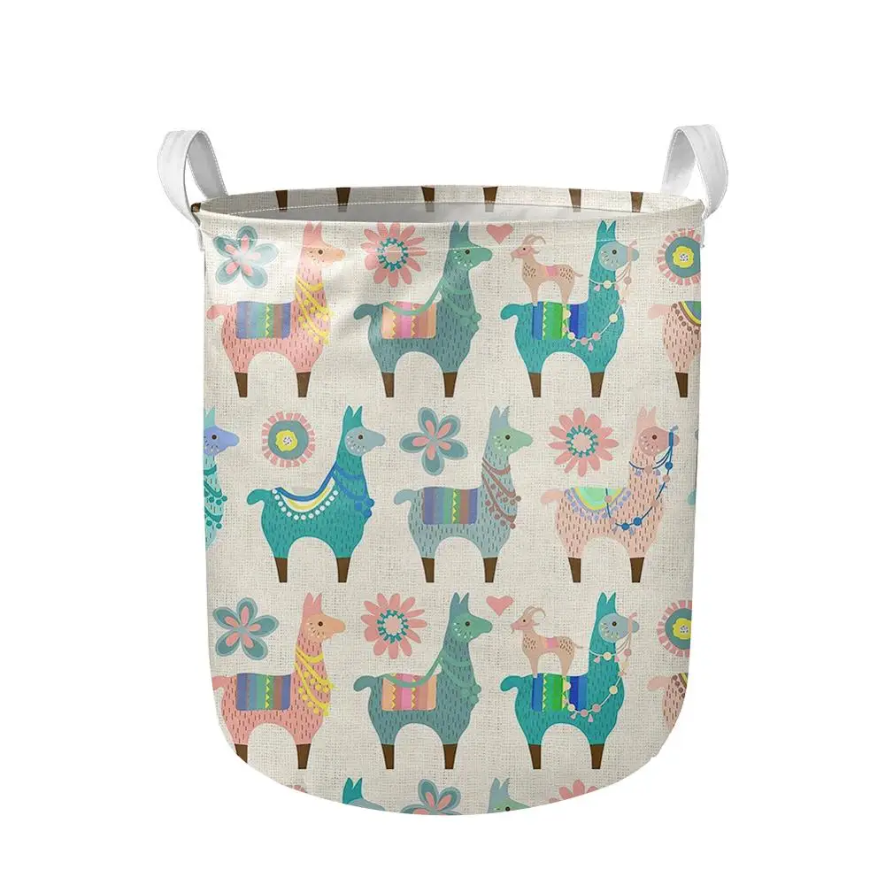 18.5 Inches Large Laundry Basket Cartoon Alpaca Print Waterproof Round Canvas Collapsible Storage bin with Handles for Hamper | Дом и сад