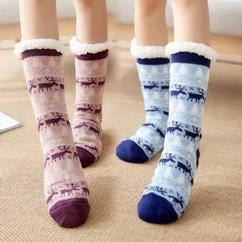 

Winter Keep Warm Adult Socks Women Sweet Plus velvet Anti-skid Carpet Socks Xmas Ladies Trendy Print Home Socks Merry Christmas
