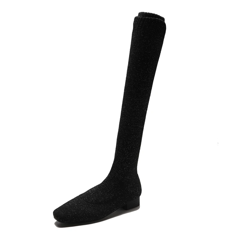 Черные, Серые вязаные эластичные сапоги выше колена; Женская осенне-зимняя обувь; зимние облегающие высокие сапоги на низком каблуке; - Цвет: Silver black color