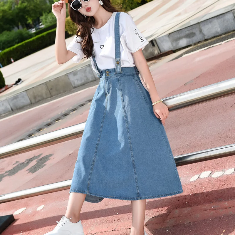 

Size Plus 5XL Pleated Denim Dress Female Student Casual High Waist Spaghetti Strap Dresses Preppy Style Mid-Calf Jeans Dress