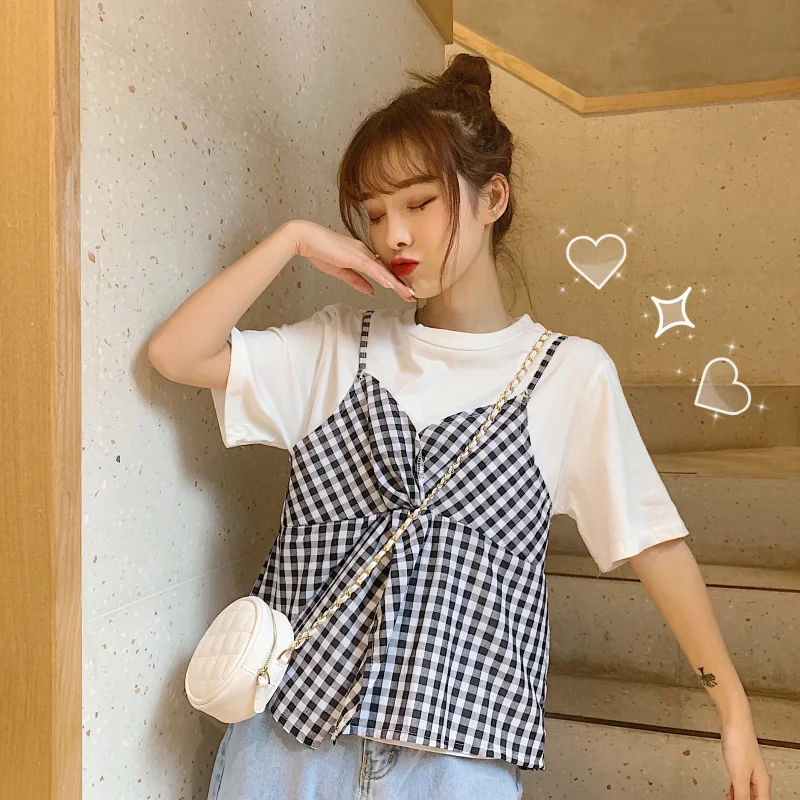 summer o-neck short sleeve fashion brand patchwork Fake two pieces plaid tops Korean style Women's Clothing t-shirts sweet tees