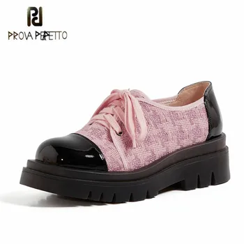 

Prova Perfetto 2020 Genuine Leather Women Shoes Colour Mixture Round Toe Lace-Up Thick Bottom Shoes Retro Outdoors Flat Shoes