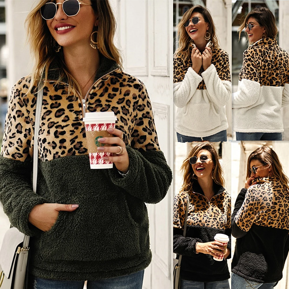 Зимняя флисовая толстовка, модная, леопардовая, пэтчворк, пушистая, толстая, с капюшоном, теплая, на молнии, пуловеры, для женщин, зимнее пальто, шерпа, топы