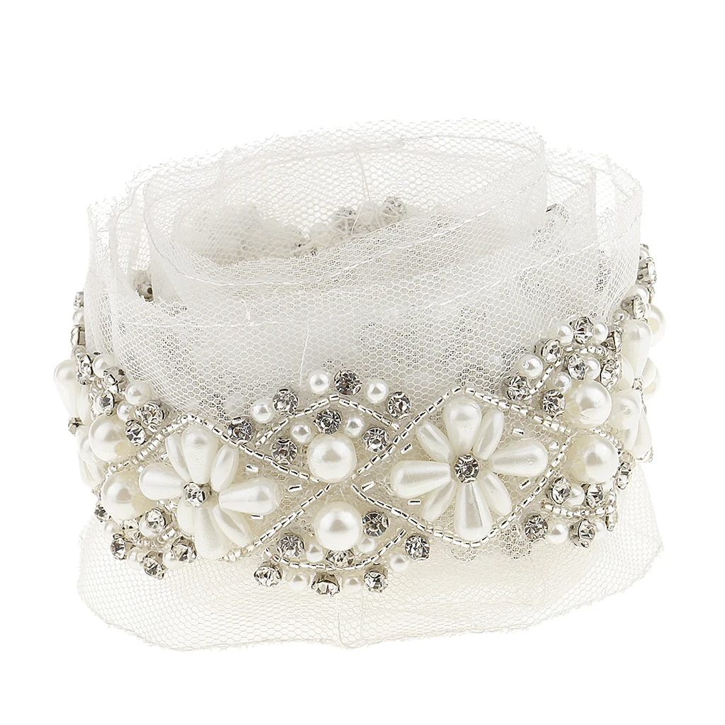 90cm Pearl Beaded Sewing Lace Trims Mesh Ribbon Applique for Wedding Dress Costume Craft White 5.5cm